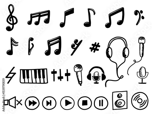 Music notes symbols and element music hand drawn collection. Symbols include treble clef, rests, and more. Perfect for music education and design. Music elements.