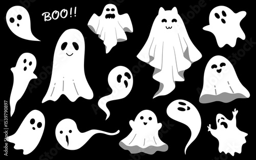 Cute Ghosts Halloween Cartoon Stickers Symbol Collection. Vector Illustration.