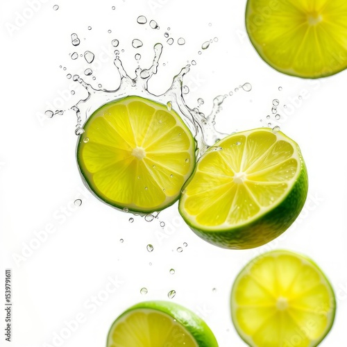 Juicy Lime Slices Splashing in Water, Refreshing Summer Drink