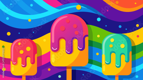 Three colorful ice cream pops with dripping glaze on a vibrant wavy background illustration design