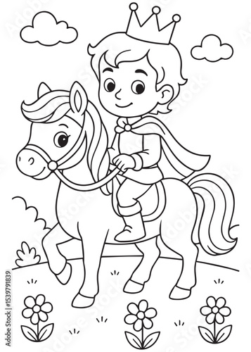 Coloring book young prince in a crown rides his trusty horse through a flowery field 