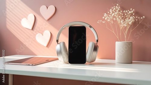White headphones with smartphone and tablet on desk