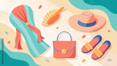 Beach accessories including a dress bag hat and sandals laid out on a sandy beach scene design