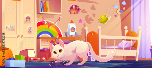White cat caught black mouse on blue carpet in colorful children room. Playful feline with rodent near crib, wardrobe and toys scattered in nursery. Bedroom decorated with stars, moon and fishes.