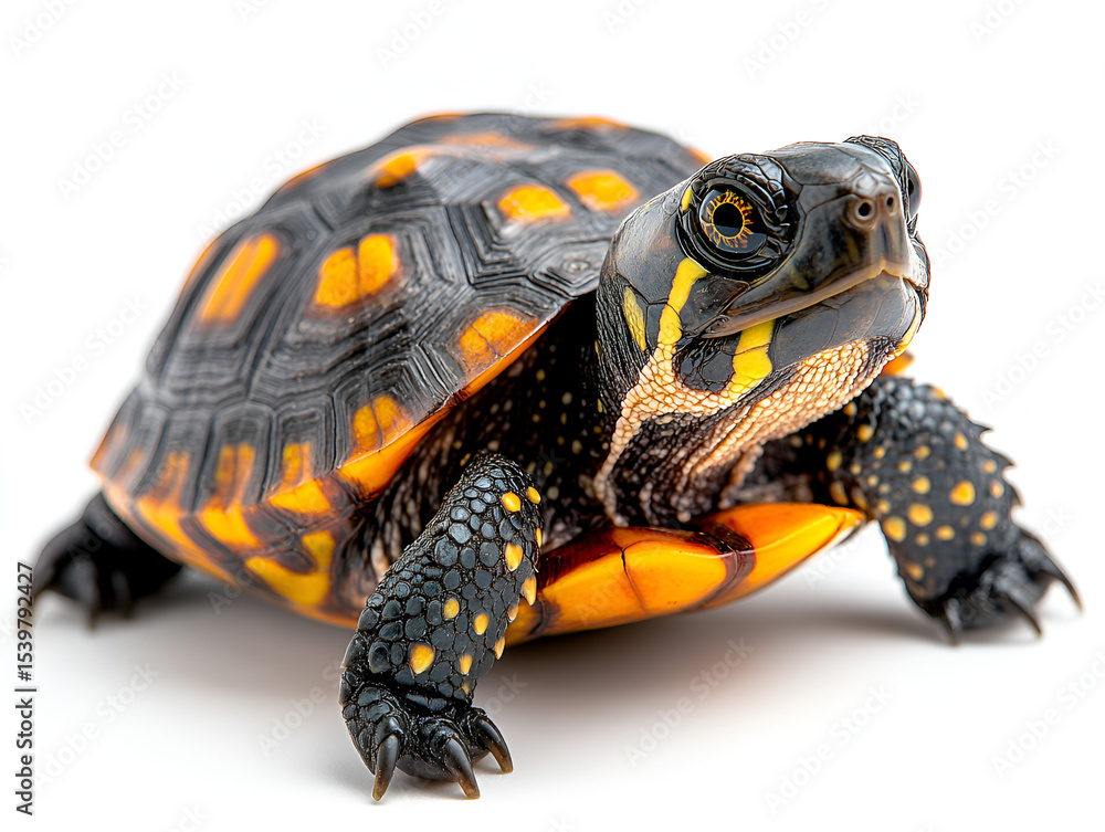 Obraz premium Slow tortoise with a patterned shell isolated on a white background, perfect for nature and wildlife themes
