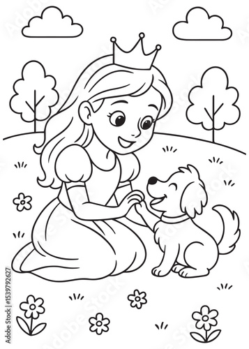 Coloring book princess with a crown lovingly pets an adorable dog in a grassy field