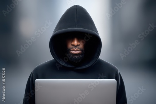 Mysterious individual wearing a black hoodie intensely focused on laptop screen surrounded by a blurred urban atmosphere symbolizing digital identity and modern technology