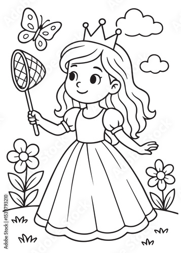 Coloring book princess in a crown holds a butterfly net, ready to catch a whimsical butterfly in a field of flowers