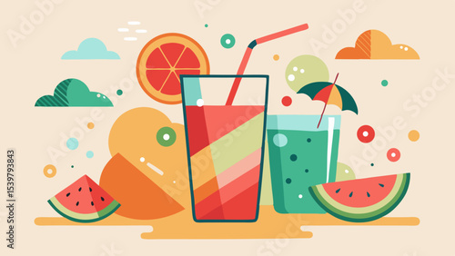 Illustration of two glasses of juice with straws and fruit slices against a light background design
