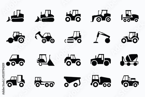 Construction vehicle icon set. Vector pictograms of bulldozer, loader, grader, paver, roller, lowboy hauler, utility, concrete mixer, Black silhouette illustration