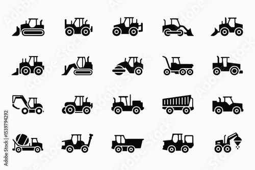 Construction vehicle icon set. Vector pictograms of bulldozer, loader, grader, paver, roller, lowboy hauler, utility, concrete mixer, Black silhouette illustration