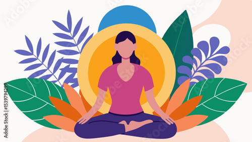 Woman meditating in lotus position surrounded by foliage and a circular background design element