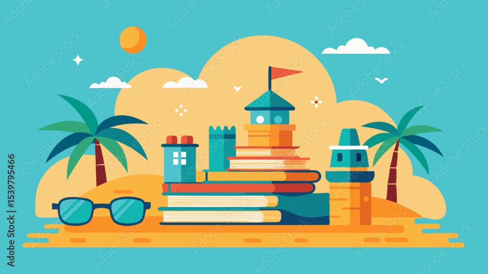 Obraz premium Illustration of a beach scene with palm trees, sunglasses, and a sandcastle made of books and towers