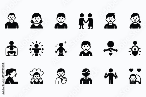 Family and parenting line icon set. Vector pictograms of couples, single parents, children, elderly, baby, newborn, teenager black silhouette illillustration 