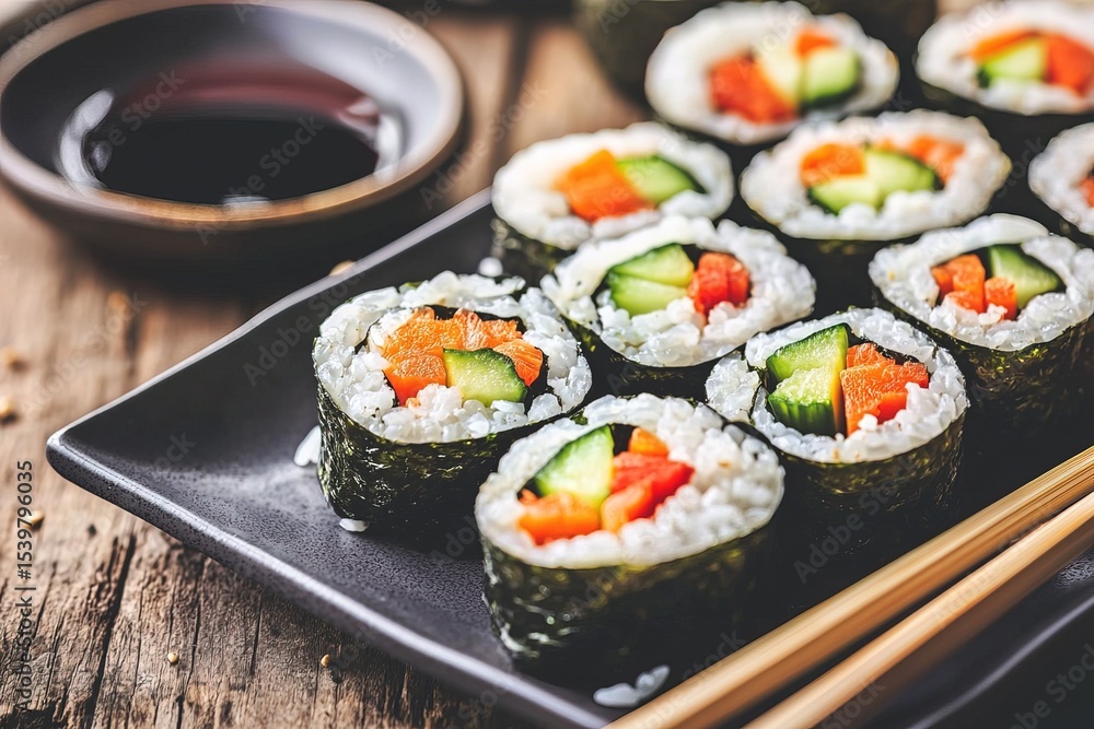 Plate of colorful vegan sushi rolls with fresh vegetables, wrapped in rice and seaweed, served with soy sauce and chopsticks under soft, diffused lighting Plate of colorful vegan sushi rolls with fresh vegetables, wrapped in rice and seaweed, served with soy sauce and chopsticks under soft, diffused lighting