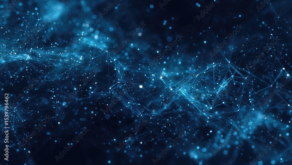Obraz premium Abstract digital artwork depicting a dark blue, ethereal network of interconnected glowing points and lines, resembling a cosmic nebula or data stream