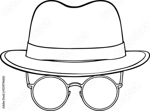 Adobe Illustrator Art and-White Vector Silhouettes of Classic Fedora Hat and Round Glasses – Iconic Accessories in Minimalist
