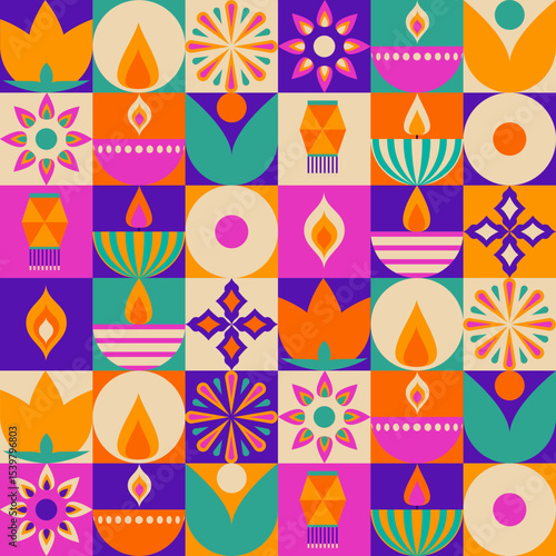 Colorful Diwali pattern with geometric tiles - vibrant lantern shapes, flowers, flames and traditional motifs in colorful squares. Indian festival decorative mosaic design for celebration background.