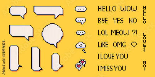 Retro pixel art speech bubbles and chat messages on yellow background - 8 bit style communication balloons with cute text phrases for gaming ui, digital messaging design and nostalgic social media.