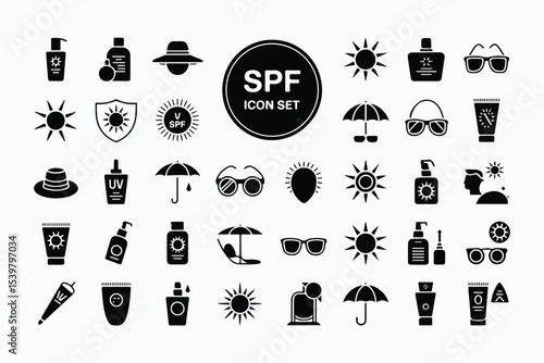 Sun protection, SPF icon set. Vector glyph pictograms of sunscreen, hat, sunglasses, UV shield, beach umbrella, skincare, skin safety, summer care black silhouette illustration.