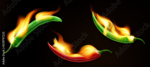 Burning hot chili peppers with realistic fire flames on black background - spicy red and green pepper collection for Mexican cuisine, hot sauce packaging design and culinary heat level illustration.