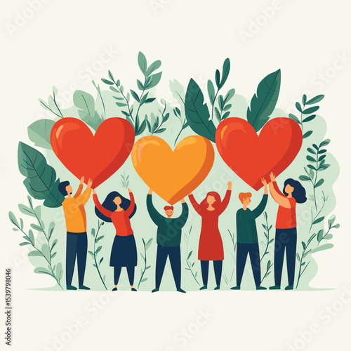 People from charitable foundation hold hearts symbolizing unity in fight for sustainable future for planet