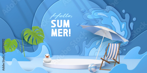 Hello summer 3d scene with white circular podium, paper waves and beach chair - tropical monstera leaves, rubber duck and umbrella decoration for seasonal product display and vacation promotion design