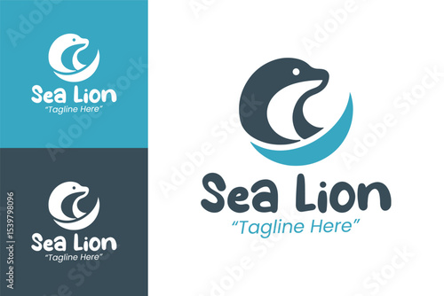 Creative Sea Lion Logo with Minimalist Waves and Blue Shades