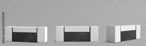 Modern reception table collection - minimalist counter design with sleek black and white tone finish surfaces. Counter for office lobby, hotel entrance, exhibition or corporate workspace furniture.