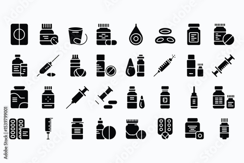 Pharmacy, drug packaging glyph icon set. Vector pictograms of tablet, syrup, eye, drops, nasal, spray, injection, syringe, ointment, suppository, inhaler substance, black sign silhouette illustration.