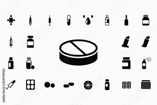 Pharmacy, drug packaging glyph icon set. Vector pictograms of tablet, syrup, eye, drops, nasal, spray, injection, syringe, ointment, suppository, inhaler substance, black sign silhouette illustration.