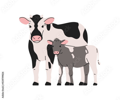 Dairy cow and calf. Mother and baby cub livestock standing together. Cattle family, natural domestic farm animals with spotted pattern. Flat vector illustration isolated on white background