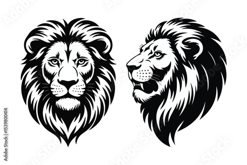 Lion head vector illustration, black and white lion drawing, animal face design, wild cat art print