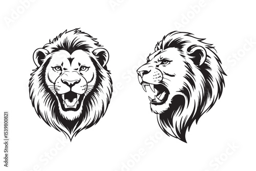 Lion head vector illustration, black and white lion drawing, animal face design, wild cat art print