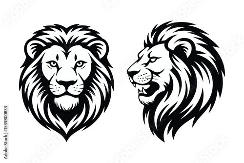 Lion head vector illustration, black and white lion drawing, animal face design, wild cat art print