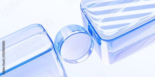 Fototapeta Naklejka Na Ścianę i Meble -  Light blue background with glass transparent circle and cubes 3d render. Abstract diagonal line pattern. Crystal glossy geometric cylinder and block shapes with refraction, wallpaper. 3D illustration