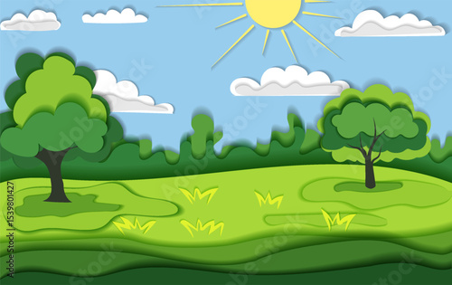 Vector illustration of a vibrant landscape with rolling green hills, trees, fluffy clouds, and a bright sun shining in the sky. Paper cut style