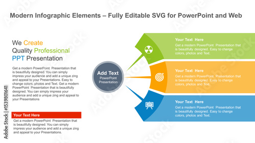 Modern Arrow Infographic Template for PowerPoint with 4 Color Segments. Fully editable vector SVG file compatible with PowerPoint, Illustrator, and most vector-based applications.
