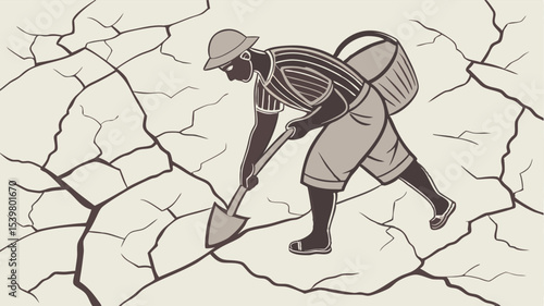 Person Digging Cracked Earth with Shovel and Basket