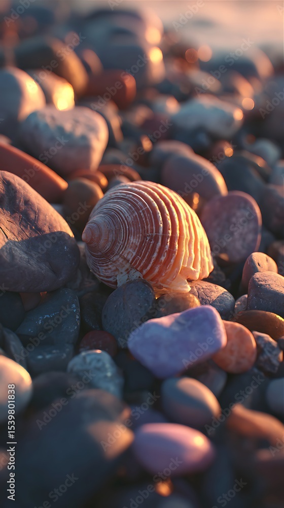 Obraz premium Close-up view of a seashell and pebbles on a beach.