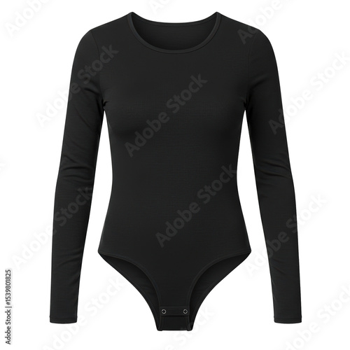 Long sleeve black bodysuit isolated on transparent background. Comfortable fabric, cotton texture, types of clothing, base layer for casual and form-fitting look