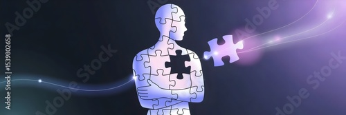 Puzzle piece figure under soft light with glowing missing part – Ideal for HR campaigns, inclusive teamwork visuals, or abstract leadership