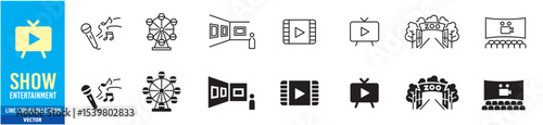 Entertainment Show icon set. live media movie event stage video theater concert cinema ticket magician circus. Linear icon collection. Editable stroke. Vector illustration.