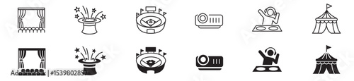 Entertainment Show icon set. live media movie event stage video theater concert cinema ticket magician circus. Linear icon collection. Editable stroke. Vector illustration.