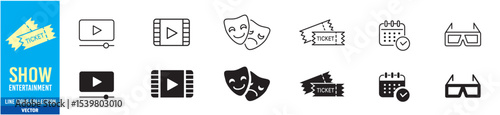 Entertainment Show icon set. live media movie event stage video theater concert cinema ticket magician circus. Linear icon collection. Editable stroke. Vector illustration.