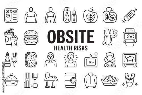 Obesity Health Risks line icon set. Vector pictograms of BMI chart, body weighing scale, diabetes, cholesterol problems, high blood pressure, fast food, mental health thin linear illustration.