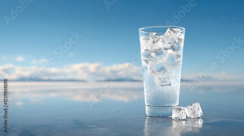 Glass of water with ice cubes in it is sitting on a table. Concept of refreshment and relaxation, as the cold water and ice cubes provide a cool and soothing sensation. The glass itself is clear