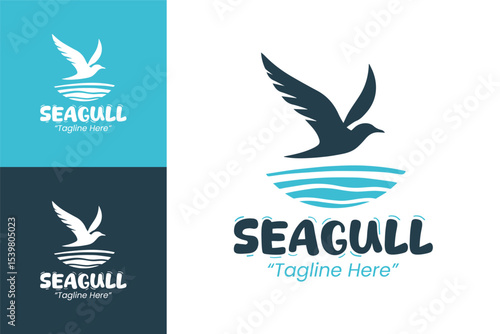 Stylish Seagull Logo with Blue Waves and Dynamic Bird Symbol
