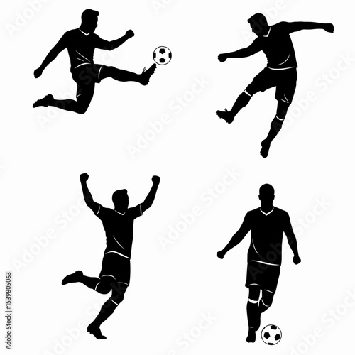 Silhouettes of soccer players in action kicking dribbling celebrating and jumping high