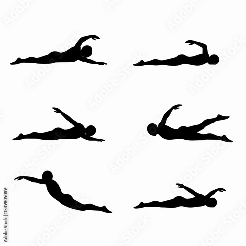 Six black silhouettes of people swimming in different positions on a white background